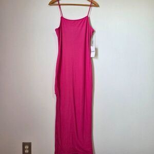 NWT BIRCH AND STONE HOT PINK RIBBED TANK BODYCON MAXI DRESS SLIT SIDE Sz LARGE